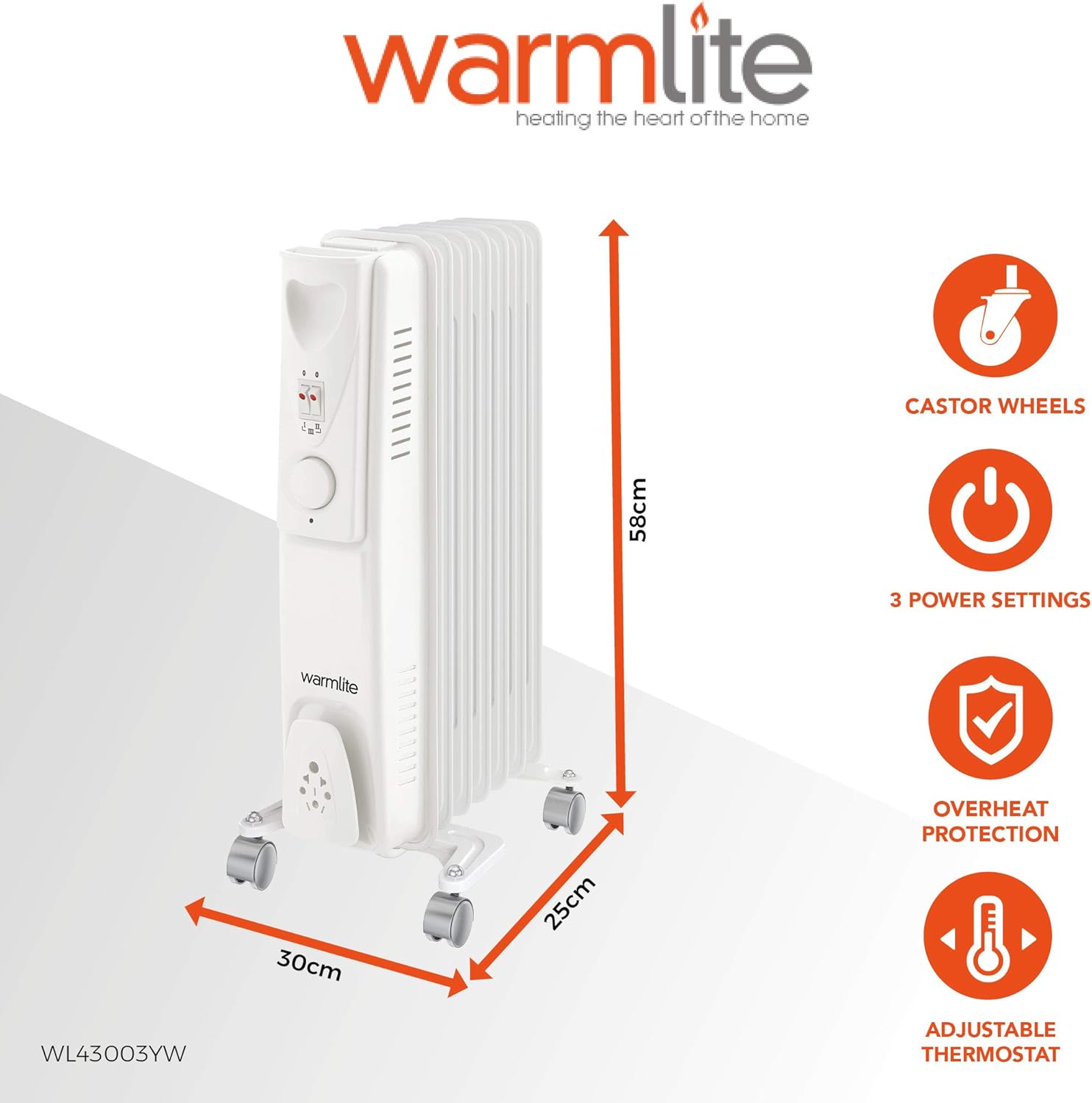 Warmlite 1500W Oil Filled Radiator with 3 power Settings and Adjustable Thermostat, White, WL43003YW, 1500 Watts - Image 4