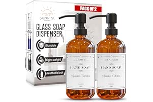Sunrise Premium 2 Pack Amber Glass Soap Dispenser 16 OZ with Matte Black Stainless Steel Pump, Hand and Dish Soap Dispenser Set for Bathroom and Kitchen Sink with 6 Waterproof Labels