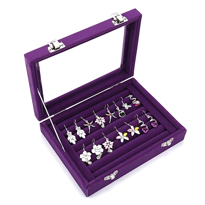 Caja organizadora Ivosmart con 24 secciones de terciopelo y tapa de vidrio para guardar joyas, con exhibidor de anillos o bandeja para aretes., Morado, 7 Slot (Purple)