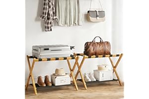 BAMBOOHOMIE 2 Pack Bamboo Luggage Rack for Guest Room, 26.77" Folding Wide Suitcase Stand with Fabric Storage Shelf, Thickene