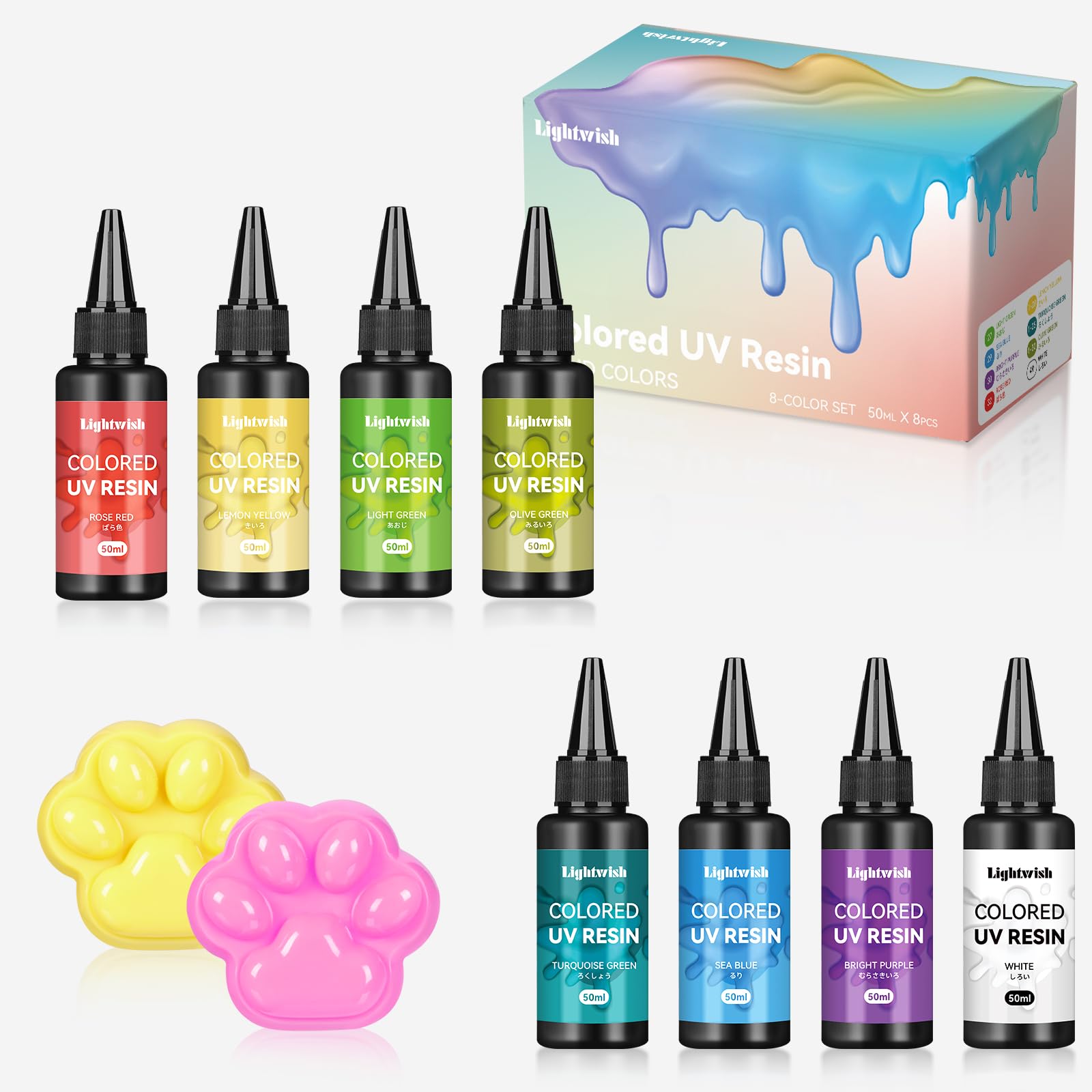 LIGHTWISH Colored UV Resin,8 Macaron Colors,400g UV Resin Kit, Quick Ultraviolet Curing Epoxy Resin for Craft, Jewelry Making, Casting and Coating, DIY Crafts(50g Each)