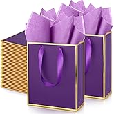 Yeaqee 50 Pack Metallic Gift Bags with Handle and Tissue Paper Gold Foil Thank You Bag for Valentine Wedding 5 Groomsmen Bridal 5 Senses Gifts Holiday Party Favors 9x7x3.15''(Purple Gold)