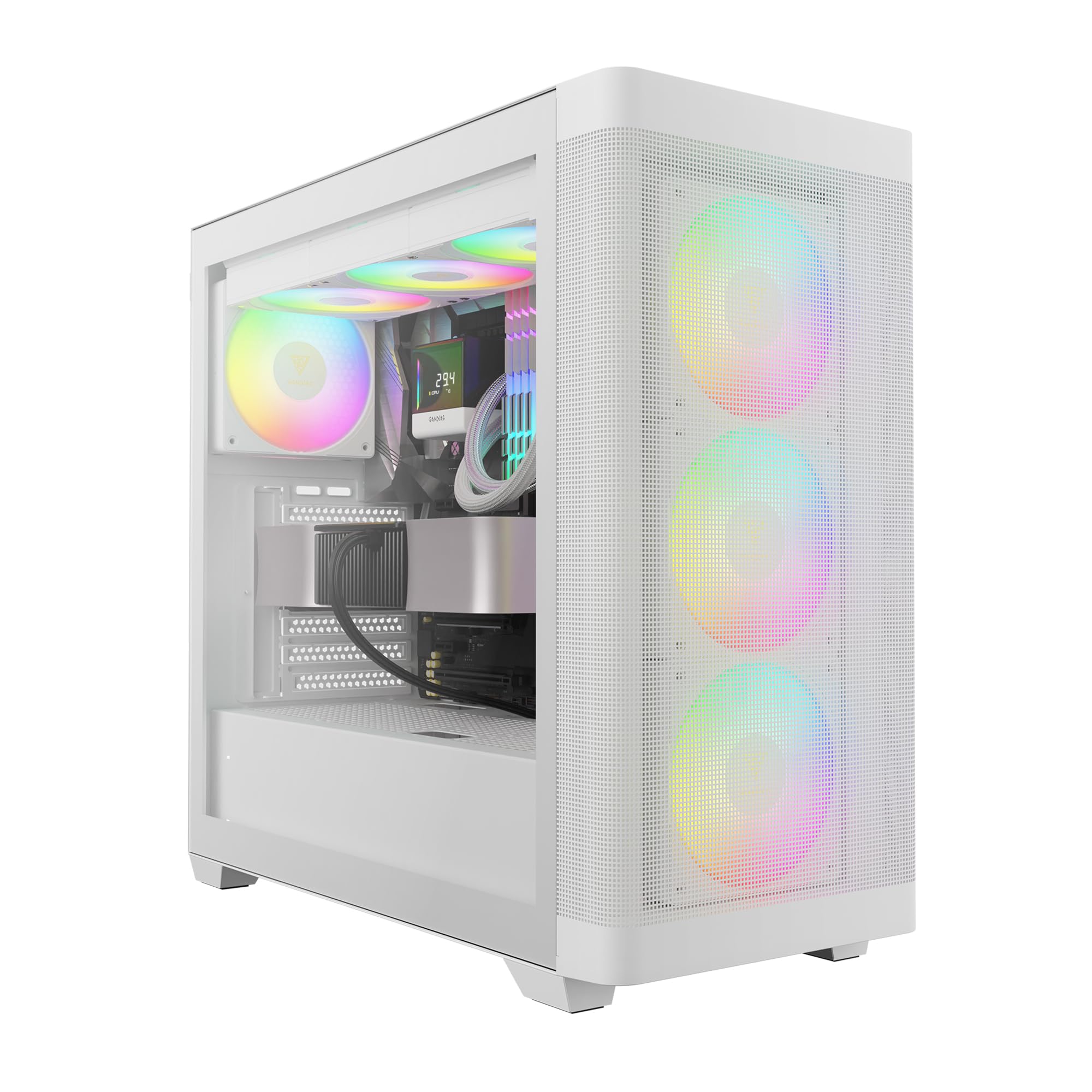 Gamdias Athena M3 Wh Gaming Eatx Mid Tower Computer Pc Case, High Airflow Mesh Front, 4X120Mm Pwm Argb Fans W/Hub, Tool-Free Tempered Glass Side Panel, Support Dual 360 &Amp; Gen 2 Type-C, Mb Sync, White