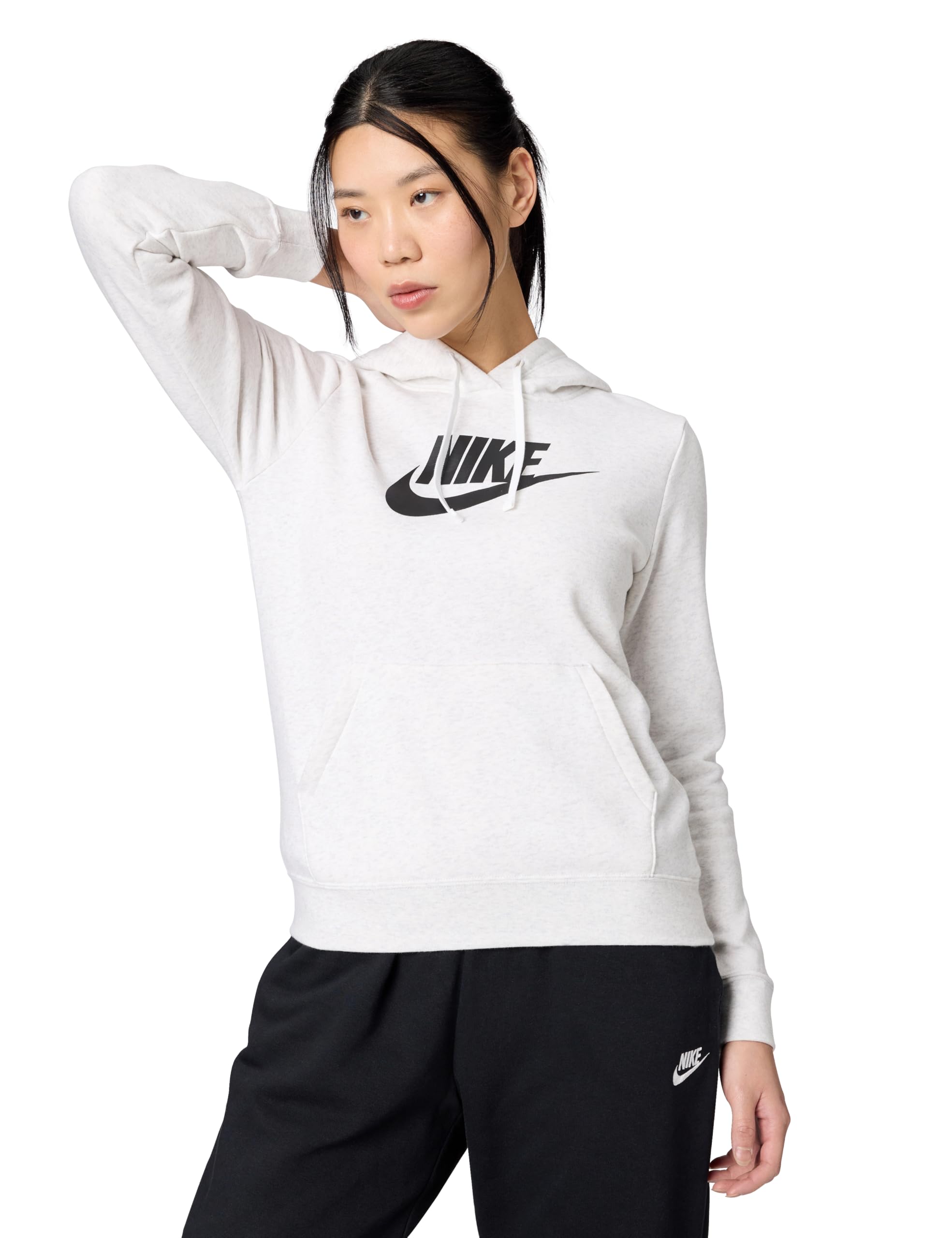 Nike Women's Sportswear Club Fleece Logo Pullover Hoodie, Birch Heather/Black, 2XL Image