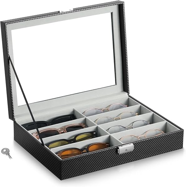Caja De Almacenamiento Para 8 Gafas De Sol De Madera ZJchao - Con Tapa Transparente, Hebilla De Acero, 34x26.5x8 Cm, Organizador De Joyas