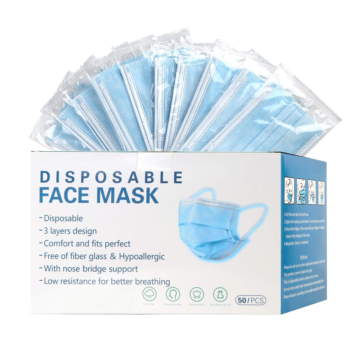 mystcare Disposable Face Mask 50 Pack Individually Packaged Wrapped Protection For Adults 3-layer Filter Safety Face Masks