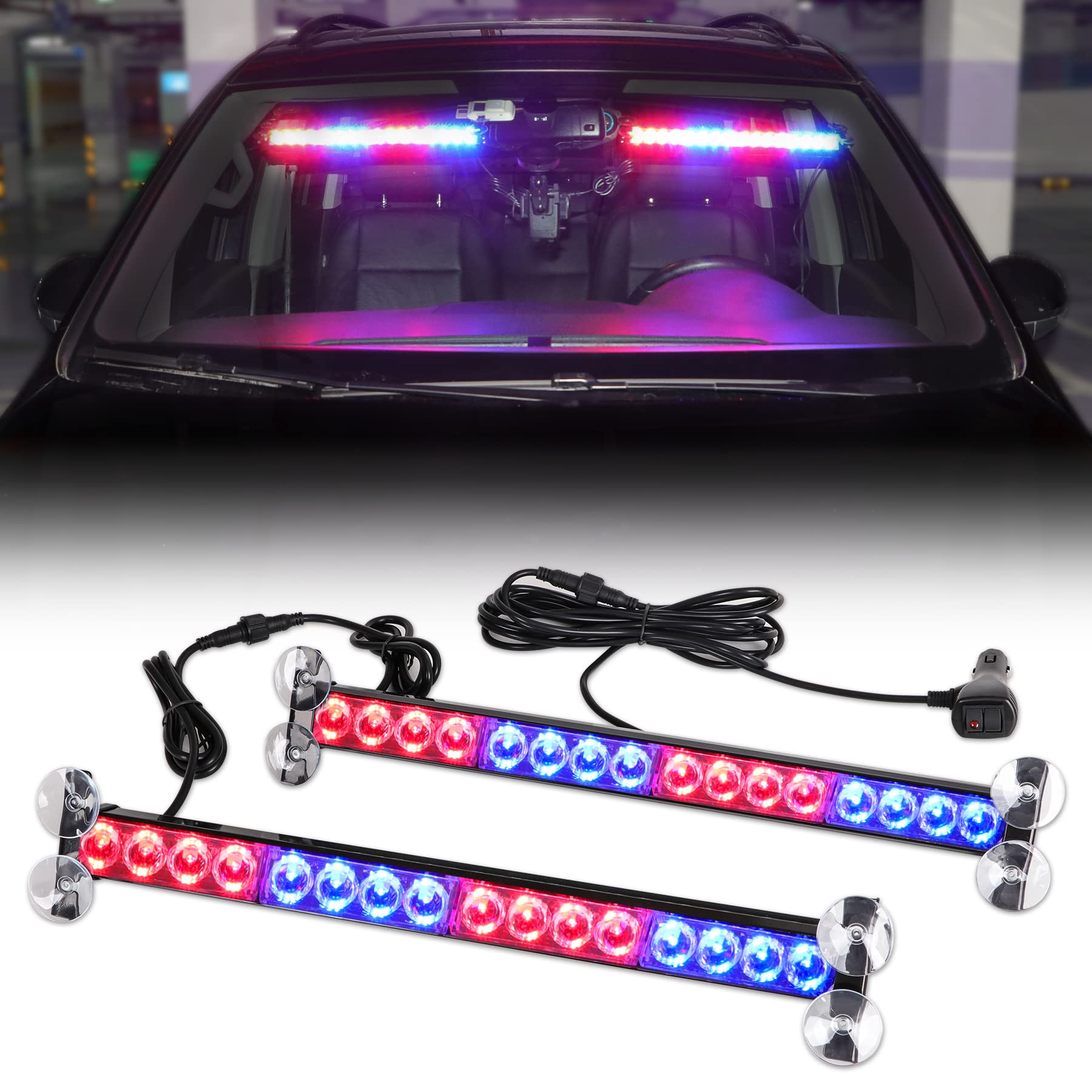 Upgrade 2 in 1 Police Strobe Lights Bar for Vehicles Trucks 23 Flash Patterns 17inch 32 LEDs Red and Blue Emergency Hazard Warning Light with Cigar Lighter 2 Install Methods