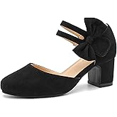 Enelauge Women's Bow Closed Round Toe Ankle Strap Pumps D'Orsay Low Block Chunky Heels Elegant Wedding Bridal Party Dress Shoes