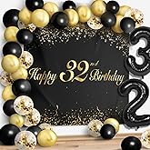 Happy 32nd Birthday Balloons Black Set Decor - Cheers to 32 Years Old Party Theme Garland Banner Backdrop Decorations For Women and Men Supplies