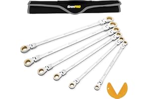 GRENPRO Extra Long Flex-Head Ratcheting Wrench Set Metric and Standard, Large Double Box End Wrench Set Gold 72Th 7PC 8-19MM Organizer with Roll Up Pouch with Gauge, Big Ratchet Wrenches Kit Tool Sets