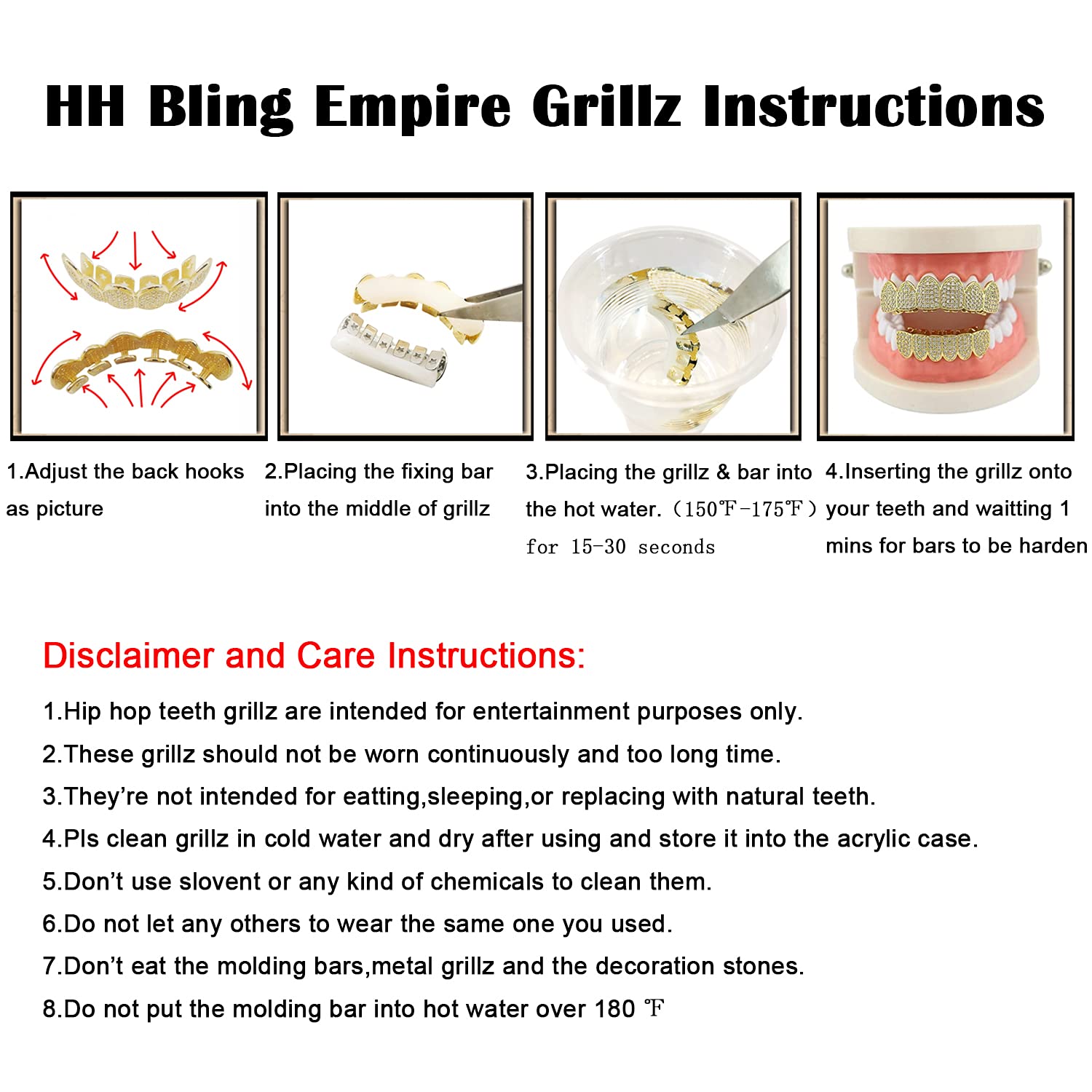 HH BLING EMPIRE Iced Out Diamond Teeth Grillz for Men Women, Hip Hop Silver Grills for your teeth Top and Bottom, Rapper Costume Mouth Grillz with Silicone Molding Bars