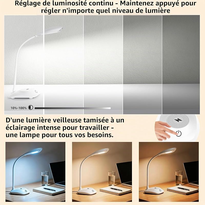 Lampe de Bureau LED avec Chargeur Sans Fil Magnétique MagSafe 15W, 3 Températures de Couleur et Dimmable, 600LM, CRI85, Col Ajustable, pour Home Office Étude Chambre, Blanc