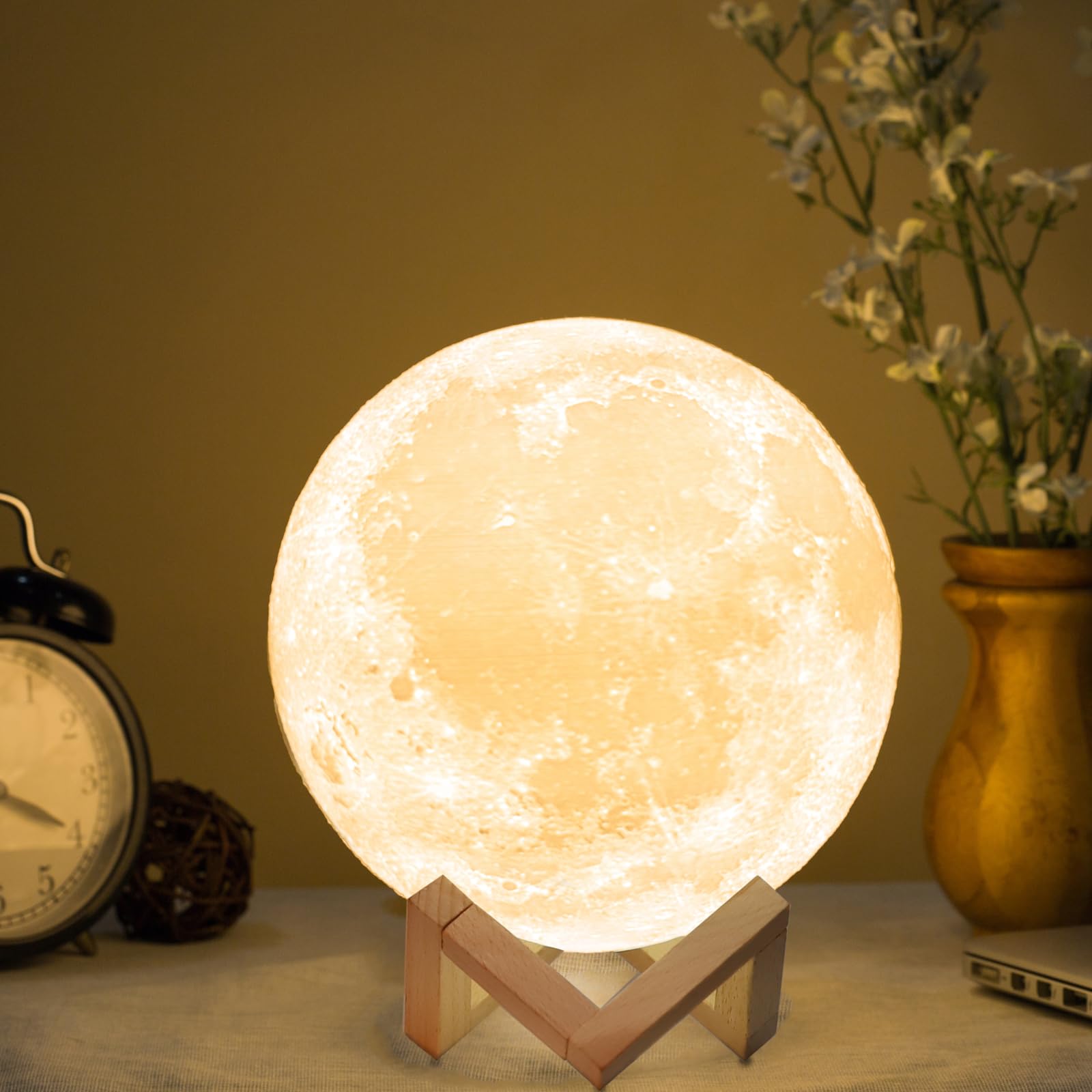 Methun 3D Moon Lamp 18 cm (7.1 inch) — Two-Colour Touch-Dim Statement Table Lamp, Overnight Cordless Glow, Wooden Cradle, High-Detail Lunar Texture — Statement Décor & Teaching Aid