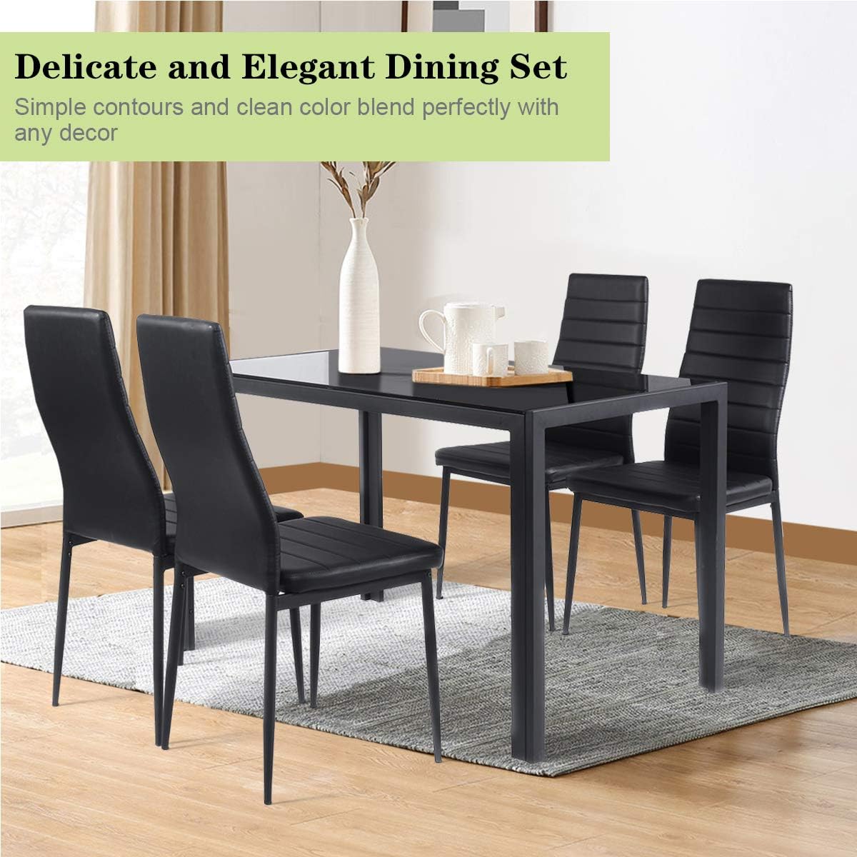 Giantex 5 Piece Kitchen Dining Table Set with Glass Table Top Leather Padded 4 Chairs and Metal Frame Table for Breakfast Dining Room Kitchen Dinette, Black - Table & Chair Sets