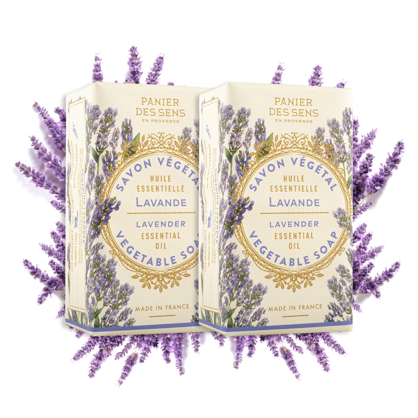 Panier des Sens Lavender Bar Soap 2x150g - Moisturizing Gentle Scented Soap Bar with Sweet Almond - 97% Natural Ingredients Made in France - Vegan Body Wash for All Skin Types