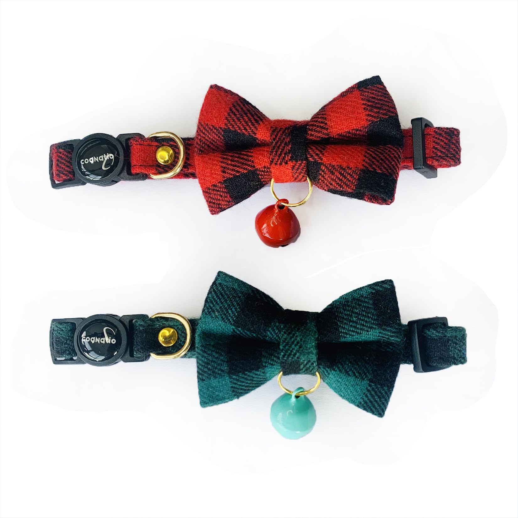 Cognatio 2 Pack Cat Collar with Bell and Removable Bow Tie, Adjustable Pet Collar (Check Green+Red)