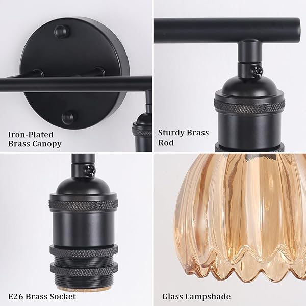 SHENMOYL BATHROOM LIGHT FIXTURES, 2-LIGHT BLACK VANITY WALL LIGHT OVER MIRROR WITH AMBER TULIP GLASS SHADE FOR BEDROOM LIVING ROOM (BULB NOT INCLUDED)