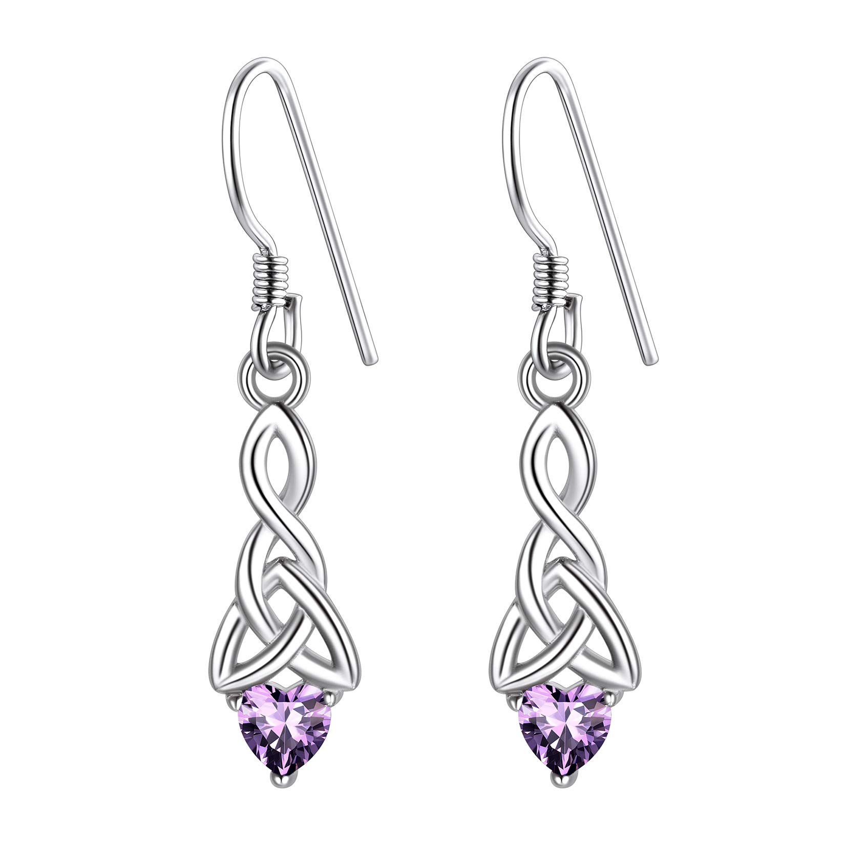 Suplight Hypoallergenic Earrings Celtic Knot, Amethyst Dangling Earrings, February Birthstone Earrings, 925 Sterling Silver Knot Dangle Earrings for Women Girls — image 1