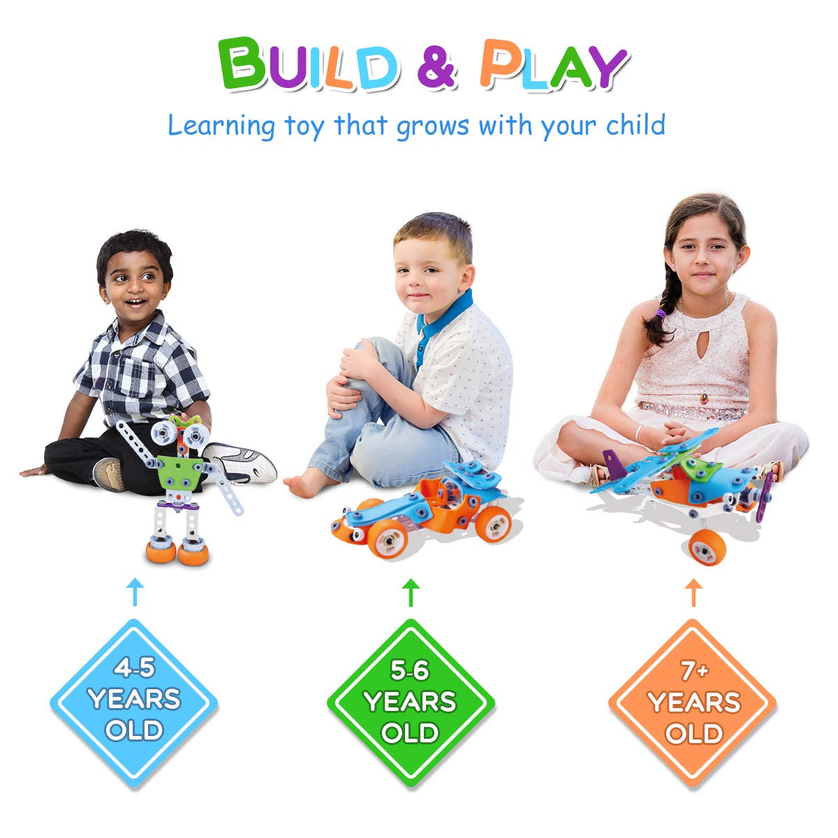 STEM Toys, 189 pcs 6-in-1 Build and Play Toy Set Educational Construction Engineering Building Blocks Learning Kit for Boys and Girls