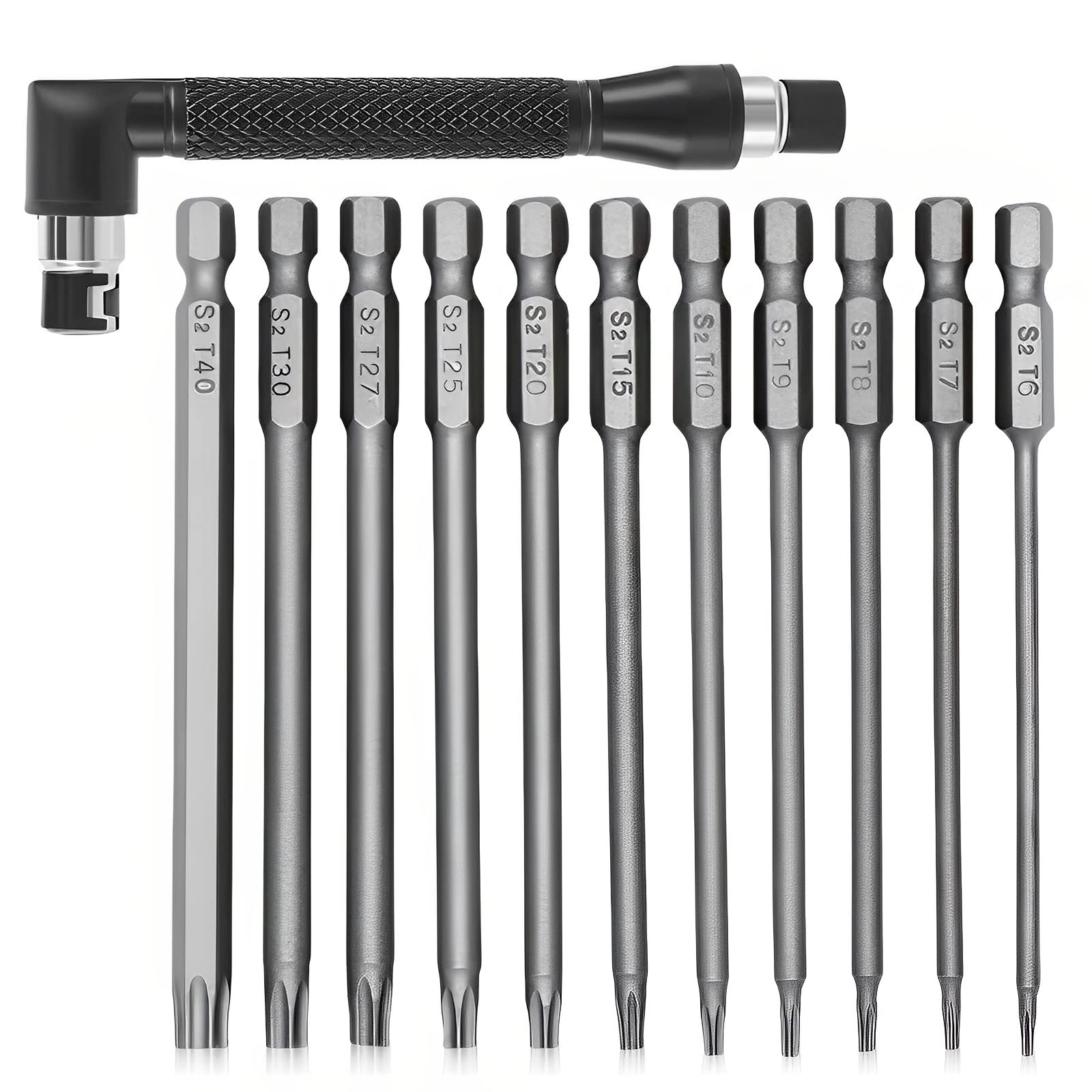 ToKinCen 11 PCS 100mm Torx Screwdriver Bits, T6-T40 S2 Steel 1/4 Inch Long Magnetic Torx Security Star Hex Screwdriver Bits Set for Electric Manual Screwdrivers + Angle Screwdriver Bit Holder