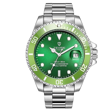 Armbanduhr, Herren, grünes Zifferblatt, blaue Beleuchtung, mechanisch, automatisch, Armband aus Stahl, wasserdicht