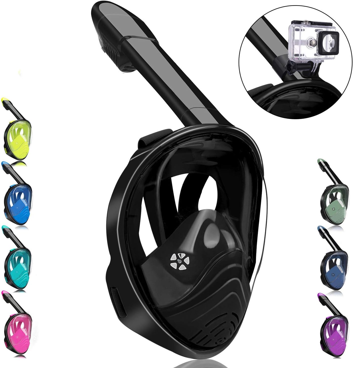 QingSong Full Face Snorkel Mask, Snorkeling Mask with Detachable Camera Mount, 180 Degree Panoramic View Anti-Fog Anti-Leak Snorkel Set for Youth & Adult