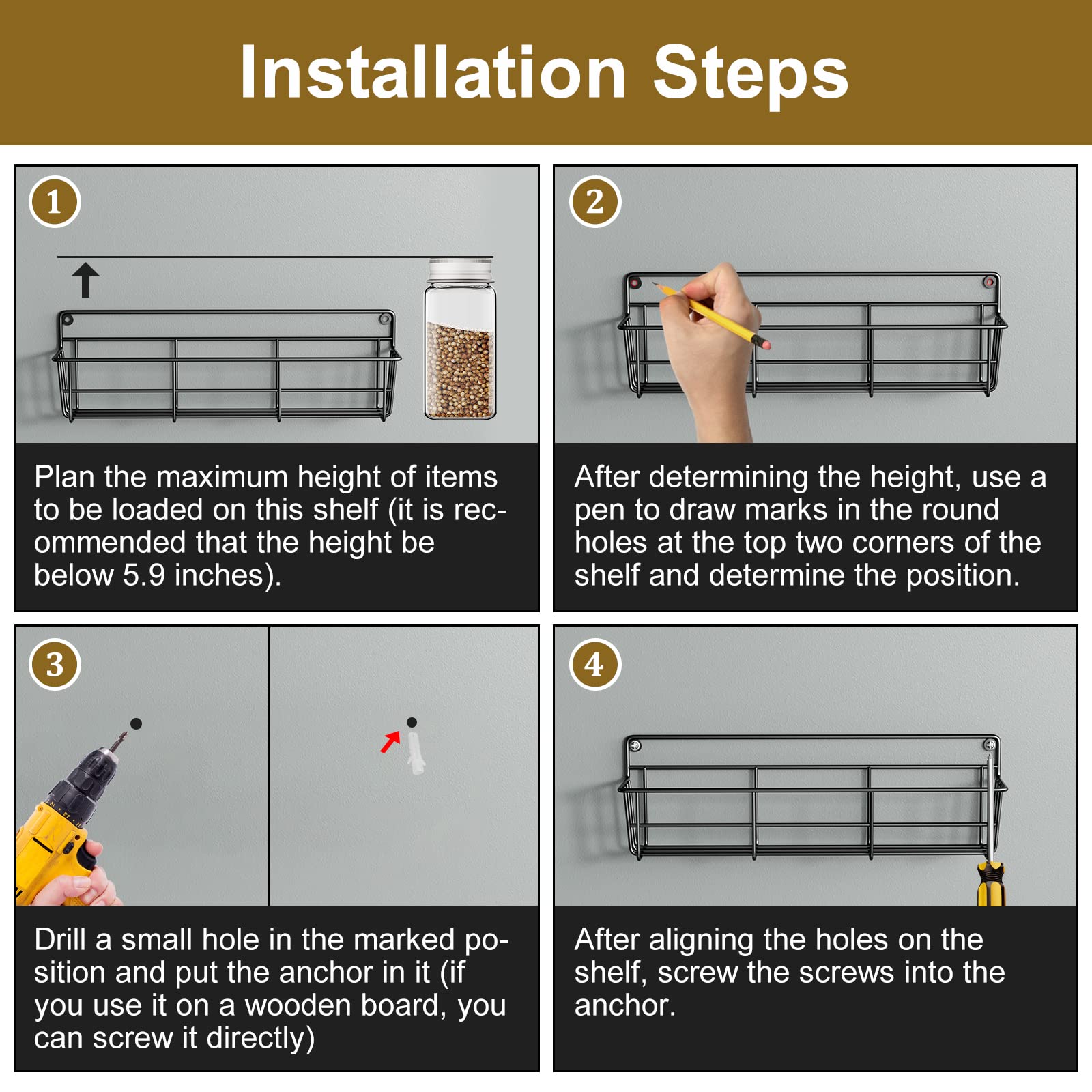 5 Pack Spice Rack Seasoning Organizer Wall Mount, Screw or Adhesive Hanging Shelf Basket Spice Organizer Shelf for Kitchen, Black