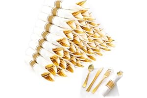 Dlebay 50 Pack Pre Rolled Gold Plastic Silverware Set,Wrapped Plastic Cutlery Set with Napkin Include 50 Forks,50 Spoons,50 Knives and 50 White Napkins for Party,Wedding,Christmas