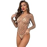 Kimfeng Womens Lingerie for Women Sexy Leotard Print Bodysuit Long Sleeve High Cut Mesh See Through Shirts Sheer Rave Outfits