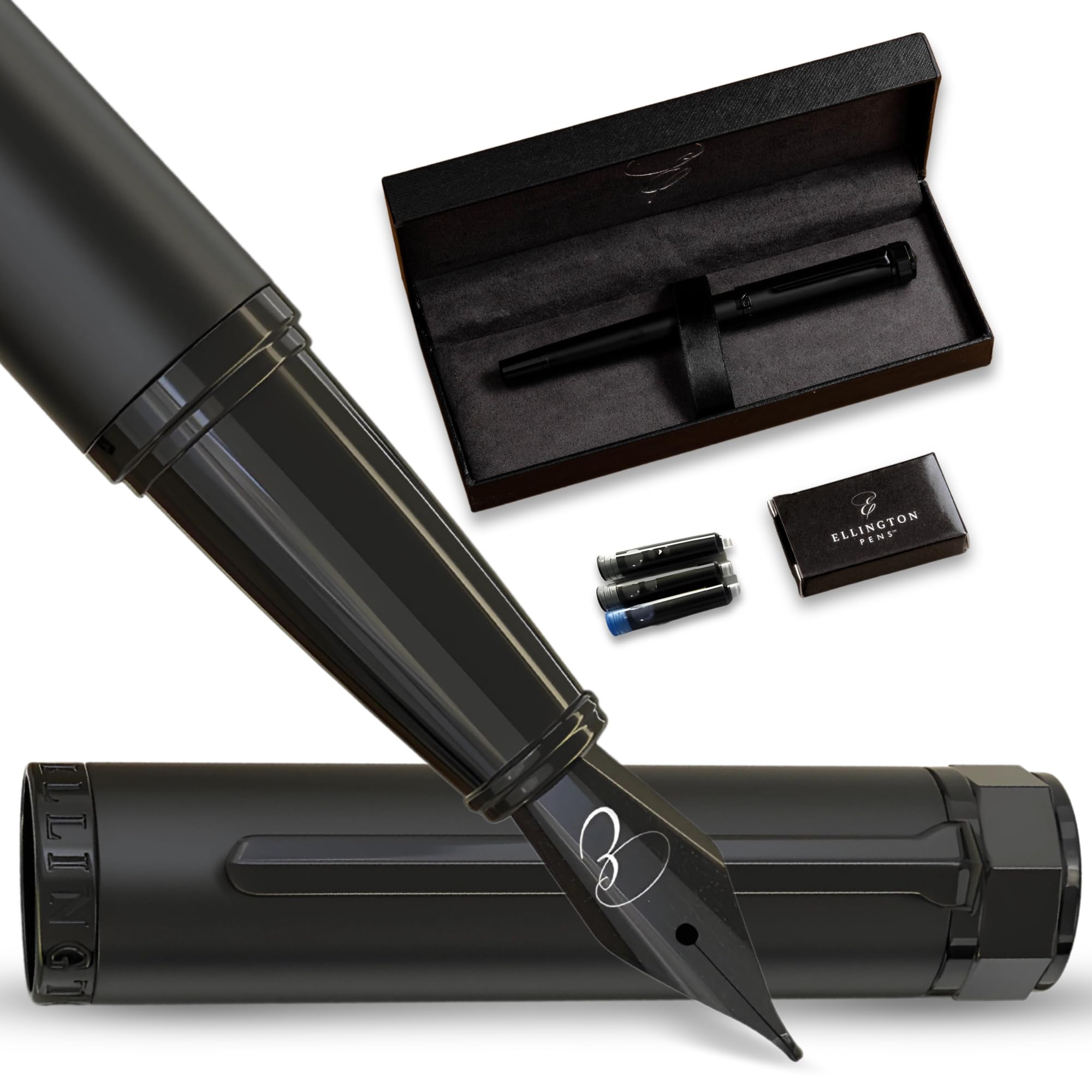 Ellington Pens Luxury Fountain Pen Set - Fountain Pens for Writing - Smooth Medium Nib Writing Pens - Includes Refillable Ink Converter, 3 Ink Cartridges, Gift Box - Elegant Calligraphy Pens