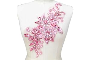 SUCCI SHAN 7.5x15 in 3D Colorful Flower Mesh Embroidered Rhinestone Lace Beaded Applique with Sequins DIY Lace Fabric Trim for Clothes Accessories Hardware (Pink)