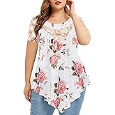 Chvity Womens Plus Size Tops O-Neck Asymmetric Short Sleeve Tunics Lace Blouse Shirts for Summer Casual S-5X