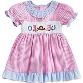 Toddler Baby Girl Dress Puff Sleeve Western Theme Embroidery Smocked Plaid Ruffle Dresses Summer Clothes Farm Outfit