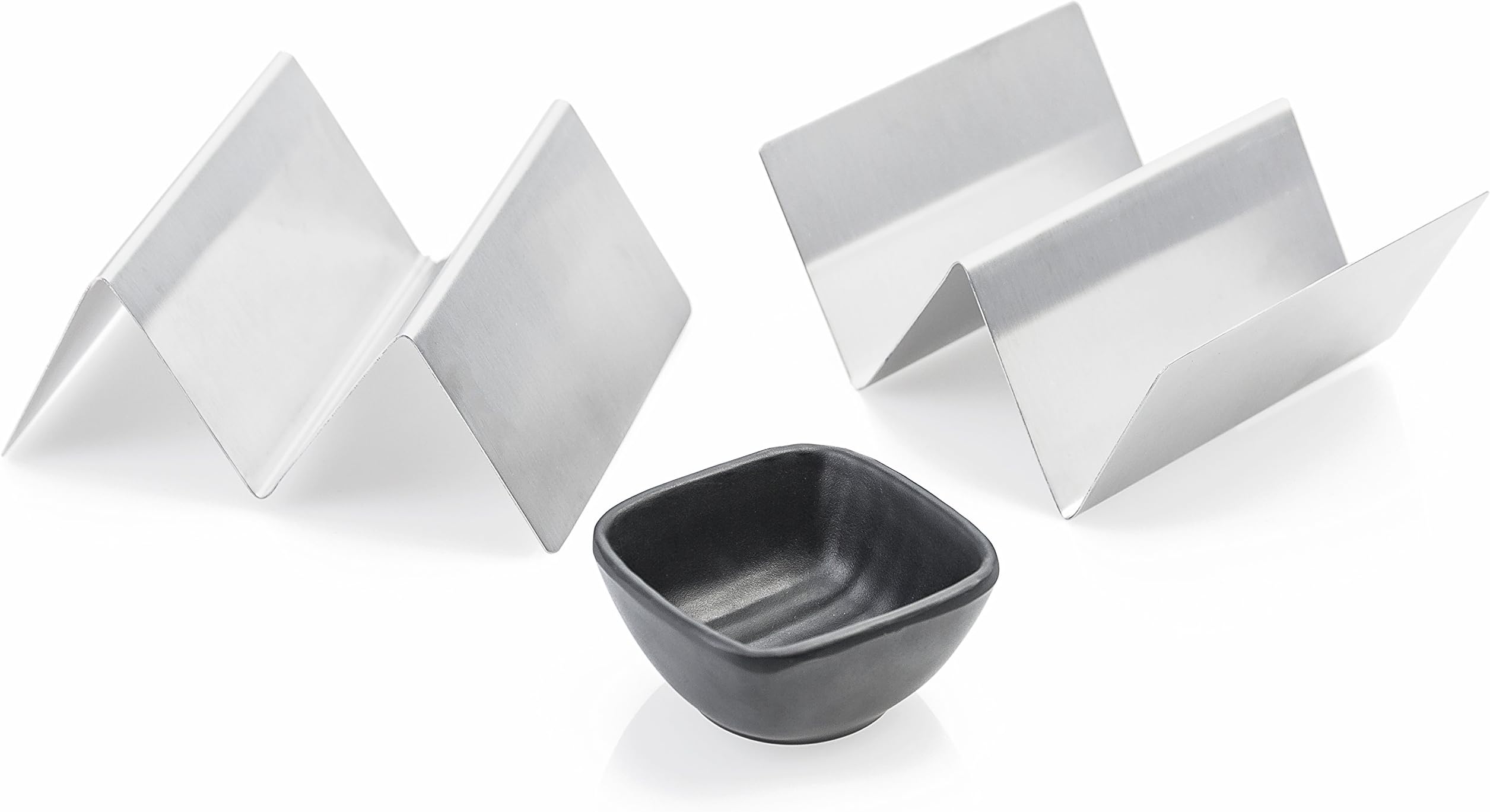 Stepton 2-Pack Stainless Steel Taco Holders / Taco Stands / Taco Racks for 1 or 2 Hard or Soft Shells Comes with a Black Sauce Bowl