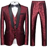 KUDORO Mens Suits Slim Fit 3 Piece Tuxedo Suit Set for Prom Wedding Party Paisley Jacket Vest Pants Homecoming Outfit