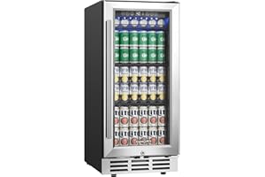 EUHOMY 15 Inch Beverage Refrigerator Cooler Under Counter 127 Cans Beverage Fridge Built-in or Freestanding with Glass Door, LED Light, Beer Fridge for Soda, Water, Wine - Home Kitchen Bar.