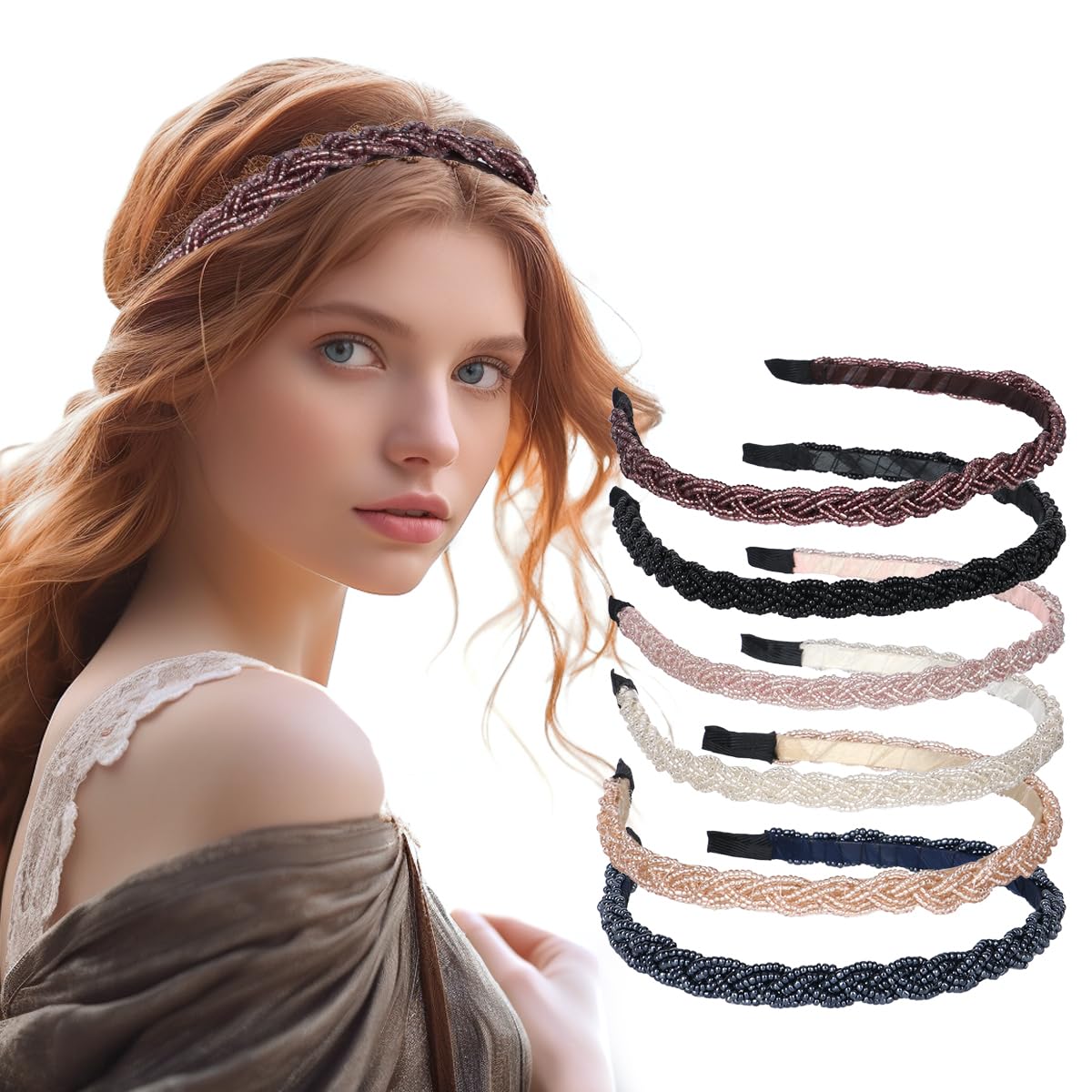 Vukehon 6 Pieces Beaded Headband For Women, Fashion Thin Cute Crystal Hairbands, Short Hair Accessories For Girls(Elegant)