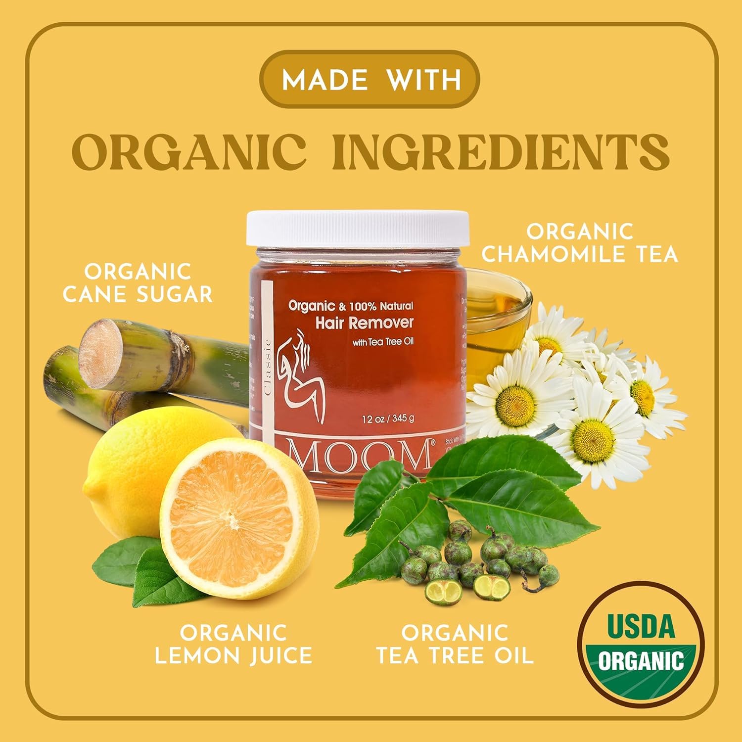 MOOM Organic Sugar Wax with Tea Tree Oil, 12 oz Jar, Hair Removal for Bikini, Brazilian, Face & Legs - Soft Wax for Sensitive Skin, Wax Beads Alternative For Women & Men (Strips & Sticks NOT Included)