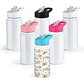 AGH 15 OZ Kids Sublimation Tumbler, 6 Pack White Stainless Steel Bottles Vacuum Flask Tumblers with Sippy Up Lid and Straw, Sport Kids Skinny Straight Water Cups
