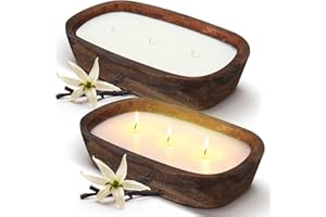 Threlaco 2 Pack Wood Dough Bowl Candle 10 Inch Vanilla Candle Decorative with Wick Scented Candles Soy Gifts for Men Women Farmhouse Table Centerpiece Home (Vanilla,10 Inch)
