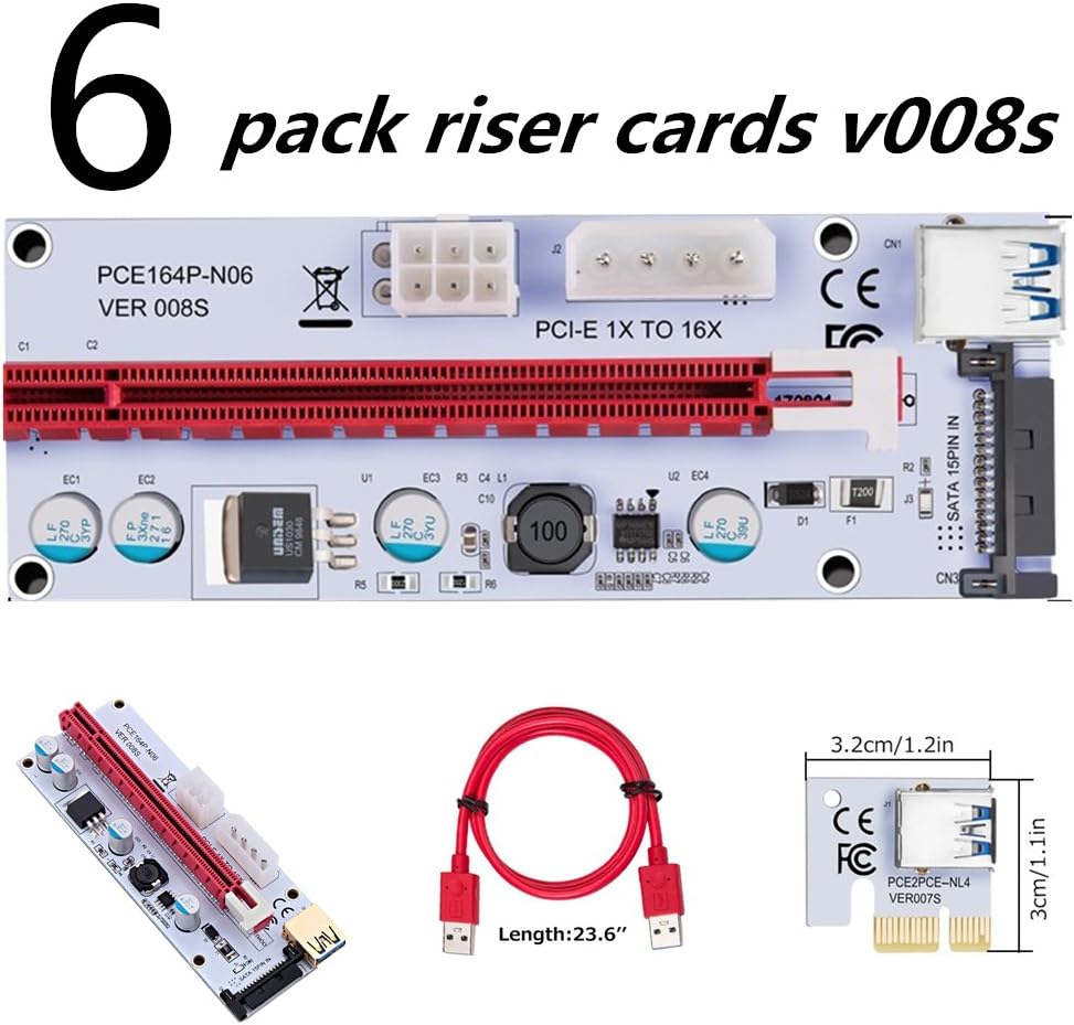 PCI-E Express Cable 1X to 16X Graphics Extension Ethereum ETH Mining Powered Riser Adapter Card, 60cm USB 3.0 Cable, 4 Solid Capacitors (VER 008S, 6-Pack)