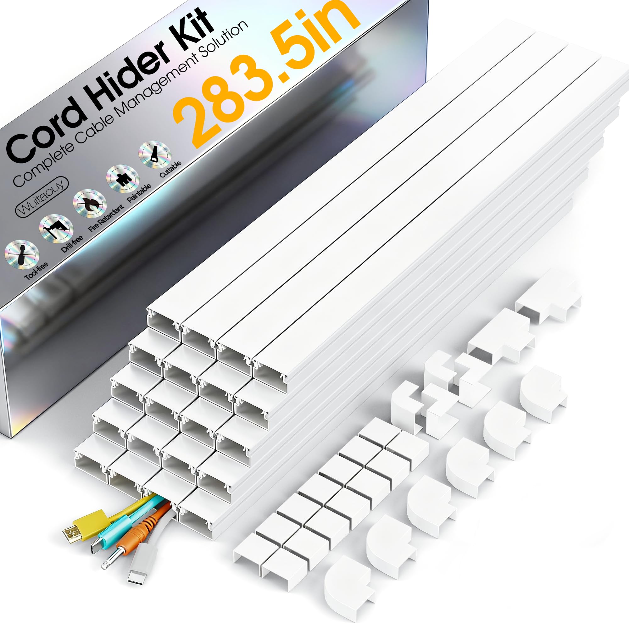 283.5in Cord Hider Wall, Cord Covers for 2-4 Wires on Wall, Premium Cable Hider Wire Covers for Cords on Wall, Easy Set-up Wire Hiders for TV on Walls, TV Cable Cover Raceway, W0.95 H0.55in, White