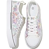 kufeiti Women's White Tennis Shoes Embroidered Sequins Low Top Canvas Shoes Comfortable Casual Fashion Sneakers