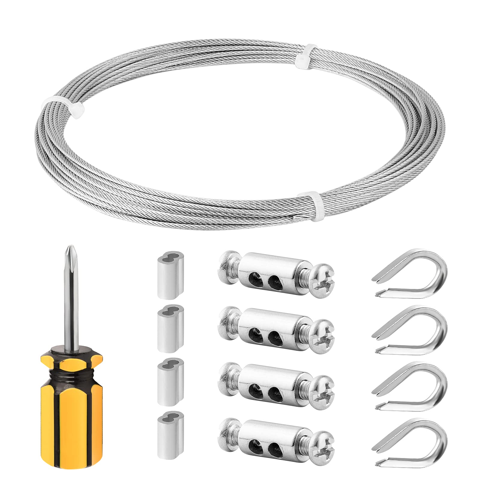 Wire Rope Kit, 10M/1.5mm Steel Cable with Sleeves, Thimbles & Clips, 7×7 Strands Core Wire Cable, Use for DIY Hanging & Fixing Job & Cable Replacement, Climbing Plants Training Kits