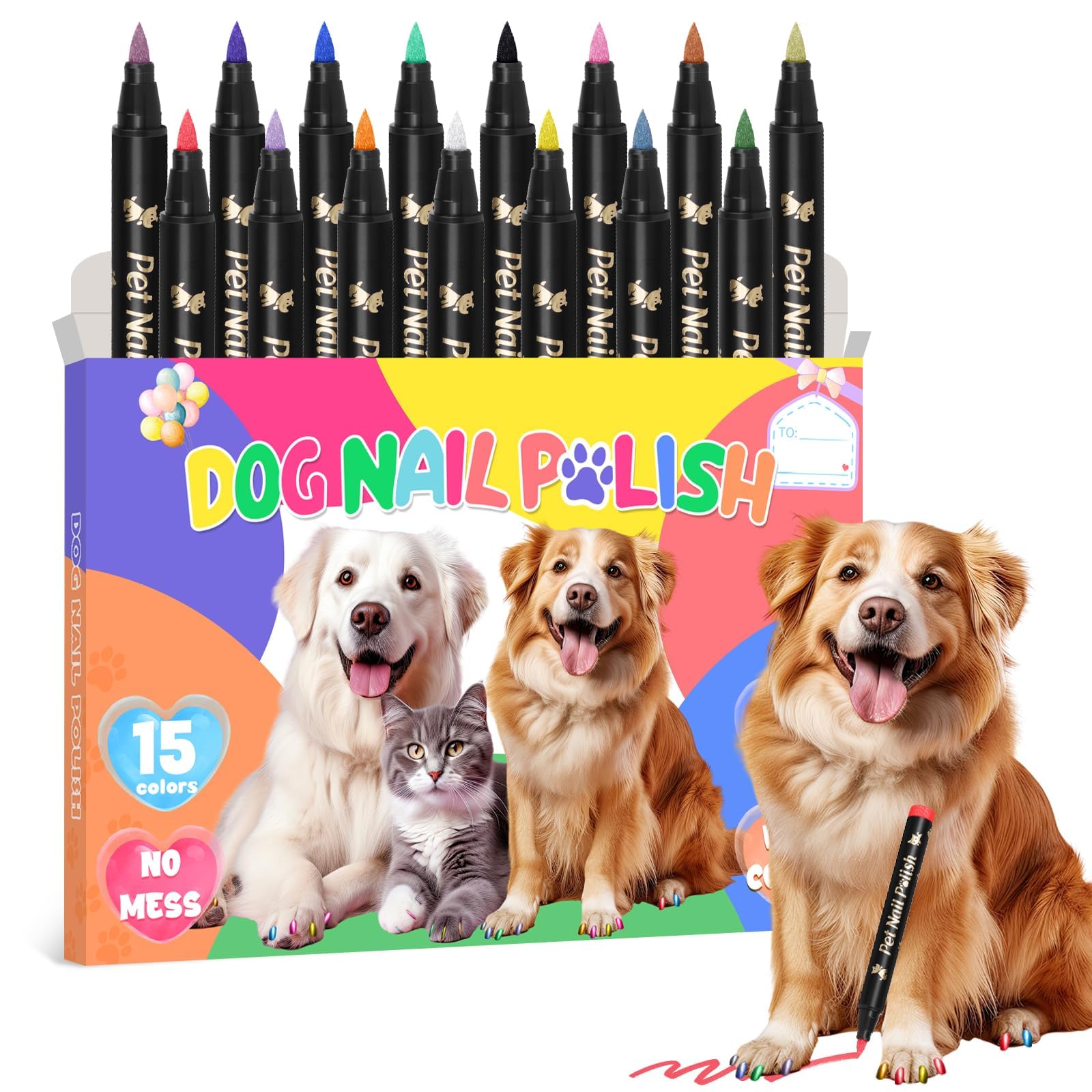 MSDADA 15 Colors Dog Nail Polish Pens, Quick Dry Pet Nail Polish Set for Dogs to DIY Stylish Dog Nail Art, Non-Toxic Dog Safe Nail Polish Dog Accessories for Large & Small Dogs