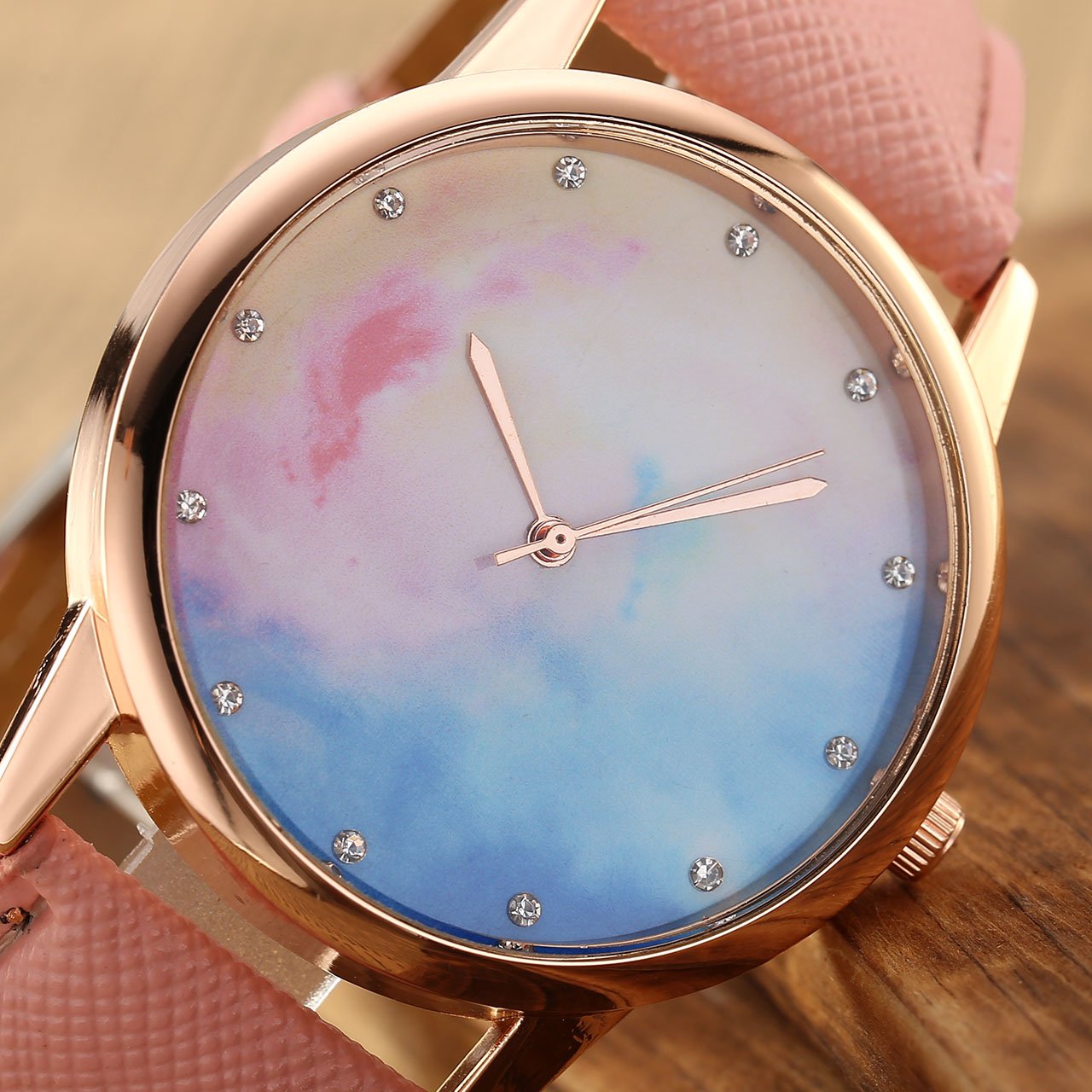 JSDDE Uhren,Fashion Cute Candy Farbe Damen Armbanduhr Sternenhimmel Farbverlauf Kleid Uhren PU Lederband Quarz Uhr,Pink