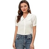 Allegra K Chambray Shirt for Women's Peter Pan Collar Puff Sleeve Vintage Denim Blouse