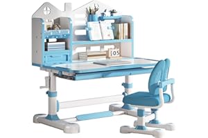 CHIOMEY Kids Desk and Chair Set - Height Adjustable Ergonomic Study Desk with Easy-Turn Crank, 50° Tiltable Desktop, Storage Drawer & Built-in Bookstand for Children Boys & Girls Ages 3-12 (Blue)