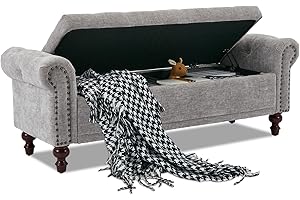 SOFTHION 58.1'' Storage Bench Upholstered Chenille End of Bedroom Bed Bench Ottoman with Tufted Cushioned Rolled Arm Large Storage Space for Reading Living Room Entryway, Light Grey