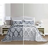 HZ & HY Oversized King Bedspread 128x120 Extra Wide, Jacquard Matelasse Damask Pattern Design, Lightweight, Reversible, 5 Piece, 100% Microfiber, Dark Blue